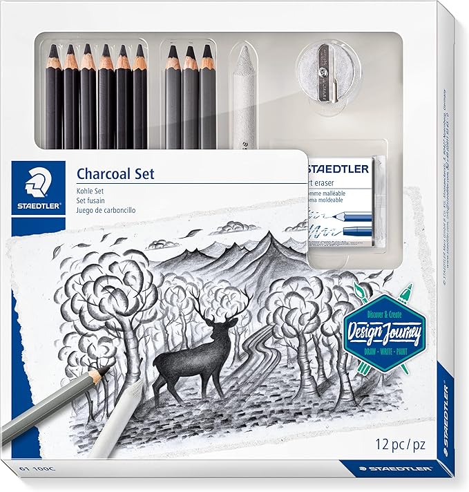 Staedtler Mars Lumograph Art Set | Drawing Kit with Charcoal and Graphite Drawing Pencils, Blending Stump, Kneadable Eraser and Dual Hole Sharpener 61 100C