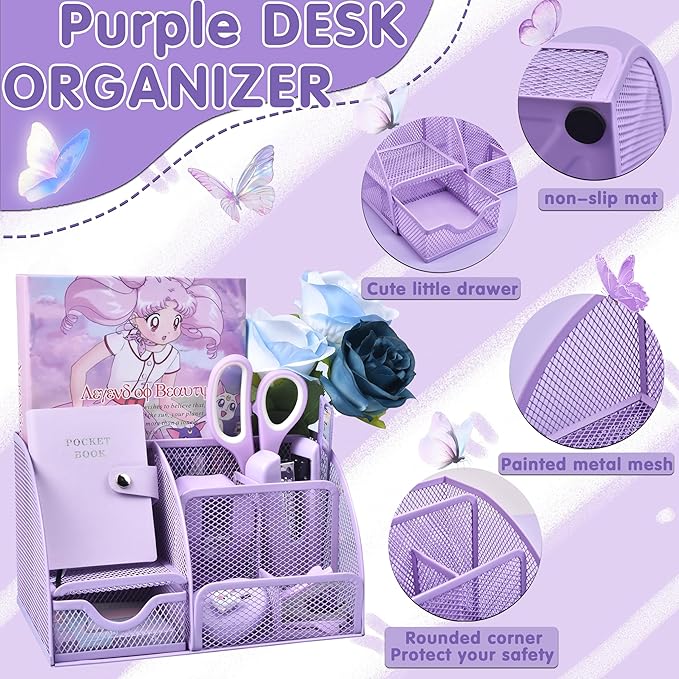 Purple Desk Accessories, 26Pcs Office Supplies and Desk Organizers, with Tape Dispenser, Stapler, Staple Remover Ect, Gift Box Packaging