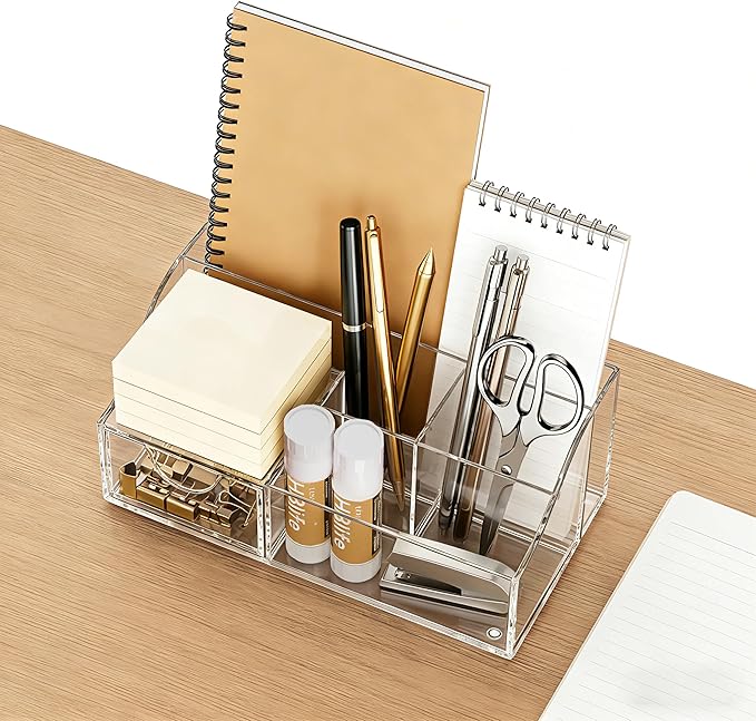 HBlife Acrylic Desk Organizer with 6 Compartments, Pen & Pencil Holder, Multifunctional Desktop Caddy for Office Supply and Organization (Clear)