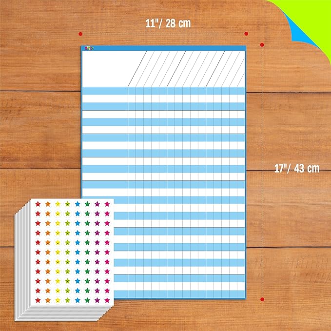 6 Pack Dry Erase Incentive Chart, 6 Multi-Color Tracking Chart with 1056 Reward Stars for Chore/Responsibility/School Attendance/Homework Progress Tracking, 27 Rows X 15 Columns (11" x 17")
