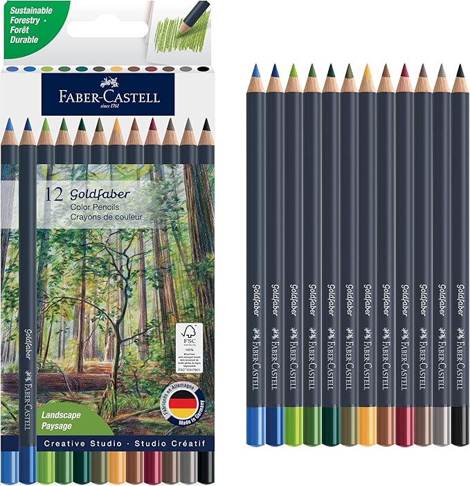 Faber-Castell Goldfaber Colored Pencils: Landscape Colored Pencils with Smooth Laydown, Rich Pigments, Break-Resistant Cores, Perfect for Nature Drawing, Outdoor Sketching & Adult Coloring (12 Count)
