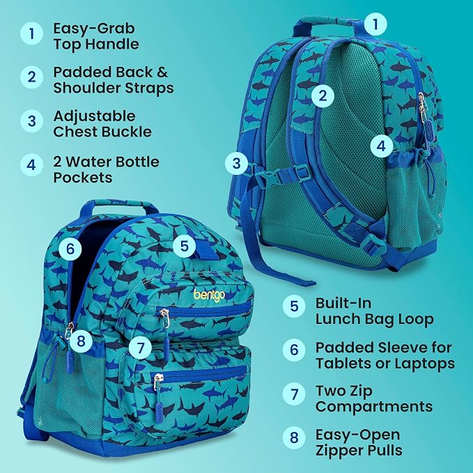 Bentgo Kids Backpack - Lightweight 14” Backpack in Fun Prints for School, Travel, & Daycare, Ideal for Ages 4+, Roomy Interior, Durable & Water-Resistant Fabric, & Loop for Lunch Bag (Shark)
