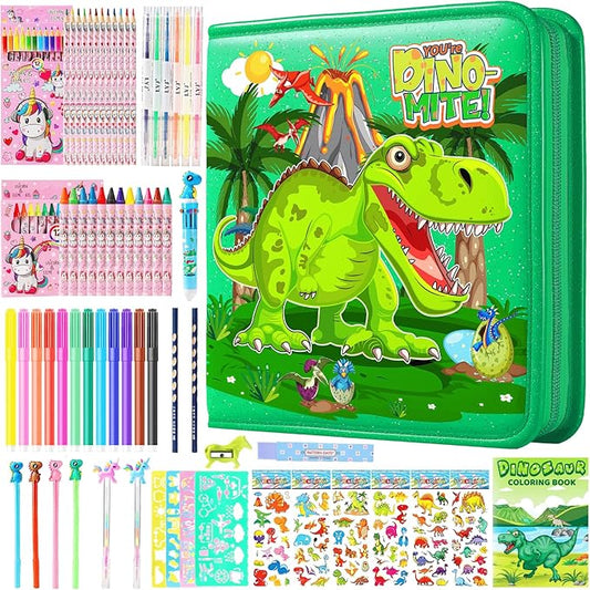 DOKKIA Fruit Scented Coloring Pens Markers Set 65 PCS Art Craft Drawing Case - Washable Kits Pencil,Gel Pen,Crayon&Coloring Book Supplies Dinosaur Dino Green