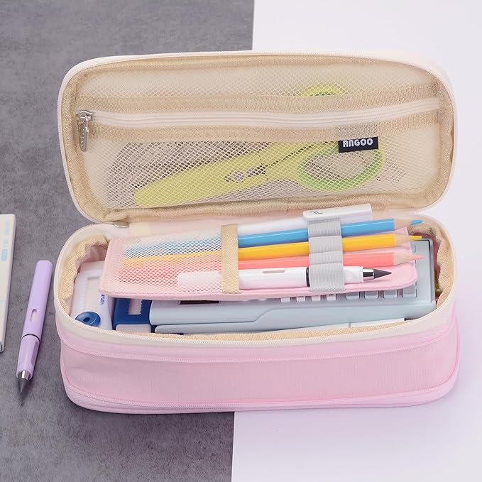 Large Capacity Big Special Cute Aesthetic Preppy Canvas Pencil Case Organizer Holder Pouch Bag with Zipper Compartments, Pen Cases for Women Girls School Adults (Beige/pink)
