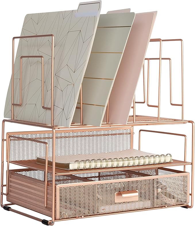 BLU MONACO | Rose Gold Desk Organizer with Drawer | Metal Desk Organizer with File Sorters and Storage Compartments | Office Desk Organizer for Paper Folders and Supplies