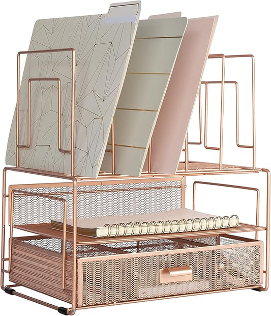 BLU MONACO | Rose Gold Desk Organizer with Drawer | Metal Desk Organizer with File Sorters and Storage Compartments | Office Desk Organizer for Paper Folders and Supplies