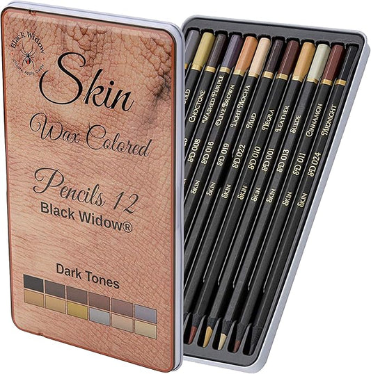 Black Widow Skin Tone Colored Pencils for Adult Coloring Books – 12 Soft Core Color Pencils for Portraits and Skintone Artists – Complete Range with Lightfast Ratings