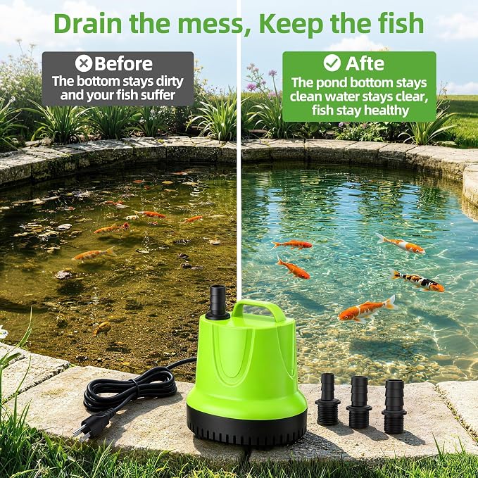 FREESEA Durable Small Pond Pump: 365+ days Continuous Operation | 845GPH 60W Bottom Suction with Epoxy-Sealed Motor & 176℉ Overheat Protection for Pond Circulation Water Change