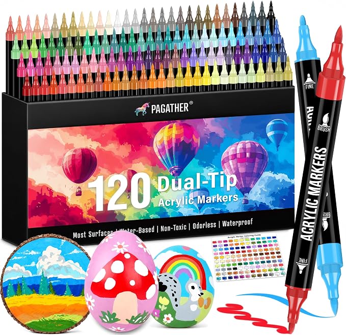 Pagather Acrylic Paint Markers, 120 Colors Dual Tip Fine & Brush Pens Set