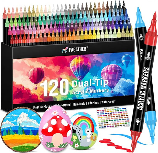 Pagather Acrylic Paint Markers, 120 Colors Dual Tip Fine & Brush Pens Set