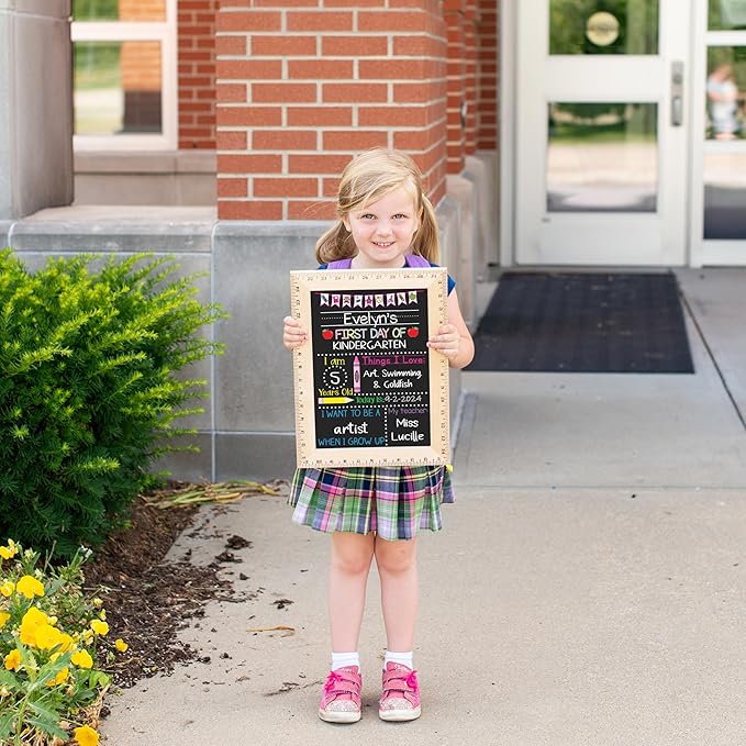 Bloom Owl First Day of School Chalkboard Sign - 11.5"x15" Reusable Back to School Photo Prop with Wooden Ruler Frame for Preschool, Kindergarten, and Beyond