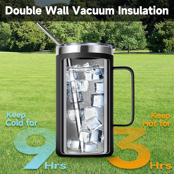 Volhoply 22oz Insulated Stainless Steel Coffee Mug with Leakproof Lid,Double Wall Vacuum Travel Coffee Cup with Handle,Reusable Metal Tumbler,Camping Mugs Keep Hot&Cold(Black,1)