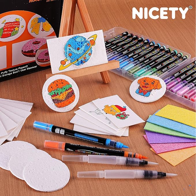 NICETY Magic Foam Texture Painting Kit, 56 Pack 3D Art Set with 24 Acrylic Paint Markers, 28 Puffy Texture Paper, 2 Water Brush Pens, Transparent Storage Box – Aqua Puffs Effect Magic Paint Set