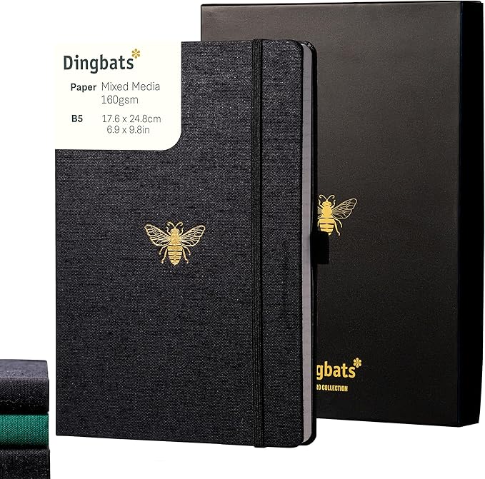 Dingbats* Pro Dotted Large B5 Notebook with Gift Box - Black Textile Cover, Thread-Bound Writing Journal - Pocket, Elastic Closure, Bookmark