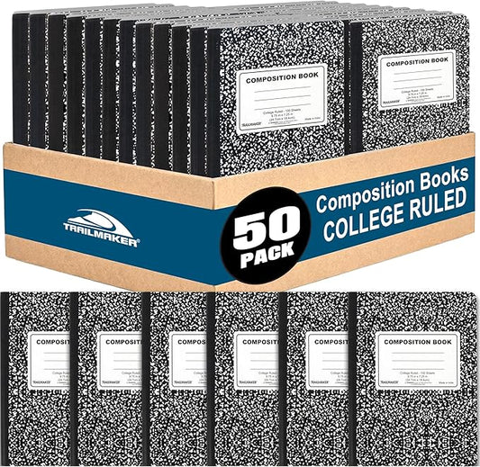 Trail maker Bulk Composition Notebooks (50 Pack), College Ruled Marble Cover, 200 Pages (100 Sheets), 9.75 x 7.5, Bulk School Supplies for Classroom, Office & School Donations