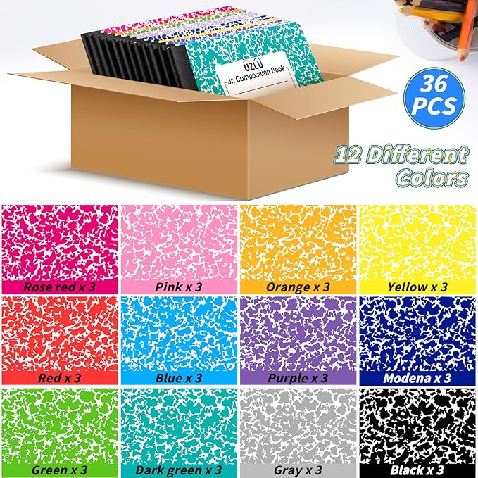 36 Pack Composition Notebooks Bulk Wide Ruled 4-7/8"x 7.5" Half Size Composition Books 60 Sheets Mini Notebook 12 Color Small Pocket Marble Journal Books for Students College Office Back to School Supplies