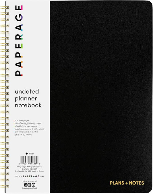 PAPERAGE Undated Daily Planner & To Do List Notepad (Black), 8.5 in x 11 in, Spiral Bound Planner Notebook for Work, School or Home, 104 Lined Pages With Date Tracker for Plans & Notes