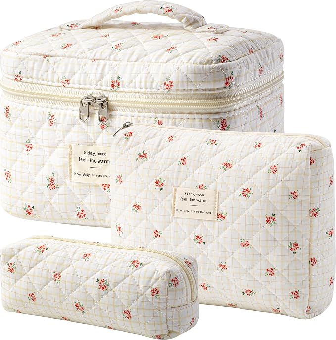 HBselect Quilted Makeup Bag, 3Pcs Cotton Large Travel Makeup Bags Organizer | Cute Floral Make up Bag Cosmetic Bag Toiletry Bag for Women Girls, Makeup Pouch for Skincare, Brushes & Travel Essentials