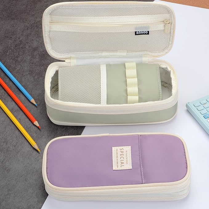 Large Capacity Canvas Pencil Case Organizer Holder Pouch Bag with Zipper Compartments for Women Girls School Adults (Green)
