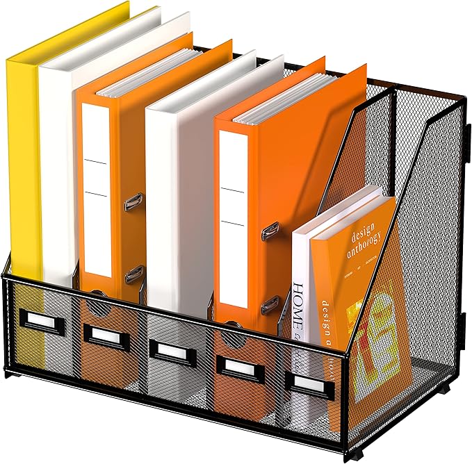 DALTACK 5 Vertical Compartments Magazine File Holder, Binder Organizer, Metal Desk Organizers for Office Home School Classroom Organization, Black Plus