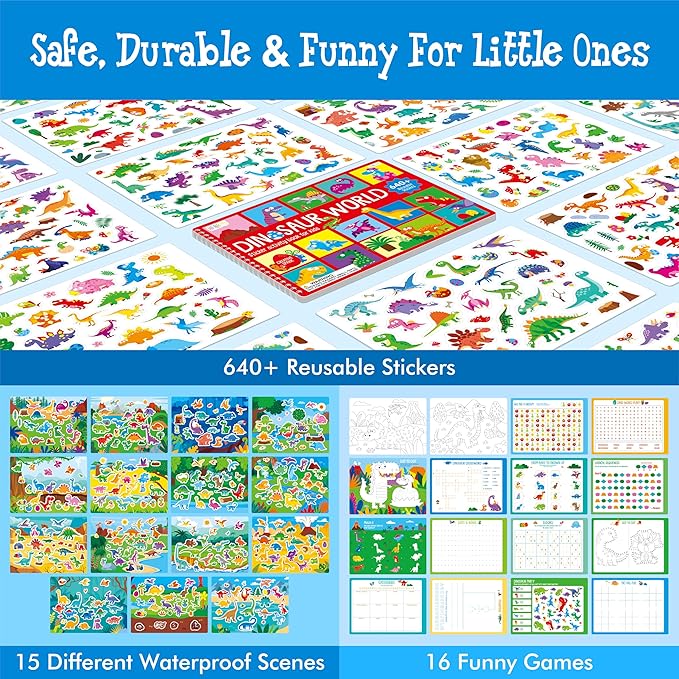 Sticker Activity Book, 640+ Reusable Stickers, 15 Dry-erase Scenes & 16 Fun Games, Side By Side Dinosaur-Themed Activity Book, Educational Hands-on Travel Game - Great for Toddlers, Kids, Boys & Girls