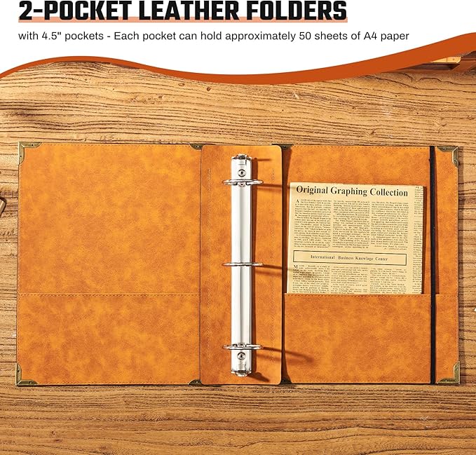 Ovesmusl PU Leather 3 Ring Binder Fits 8.5"x11" Letter Size Paper, 2 Inch Round Ring Binder Holds 500 Sheets, Notepad Paper Cover Loose Leaf Organizer, Black Sun