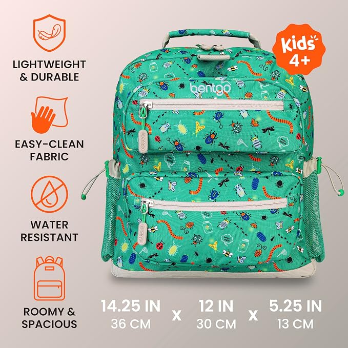 Bentgo Kids Backpack - Lightweight 14” Backpack in Fun Prints for School, Travel, & Daycare, Ideal for Ages 4+, Roomy Interior, Durable & Water-Resistant Fabric, & Loop for Lunch Bag (Bug Buddies)