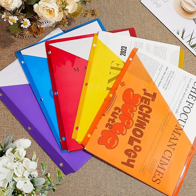 Maitys 5 Pack Binder Pockets 3 Hole Punch Clear Plastic Document Folders Binder Organizer Store Letter Size 8.5 x 11 Inch Paper Folders with Pockets Slash File Jacket for Office(Multicolor)