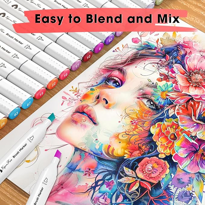 VigorFun Alcohol Markers Brush Tip, 122 Colors Dual Tip Brush & Chisel