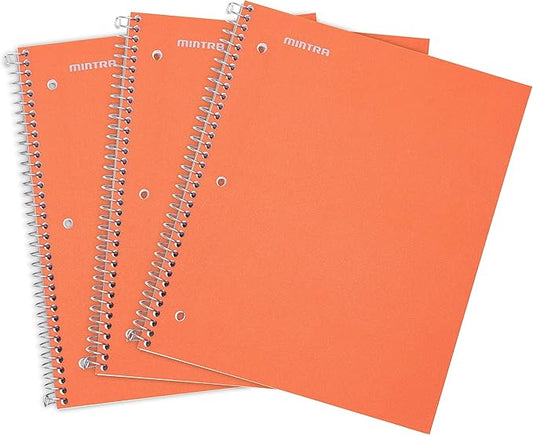 Mintra Office Durable Spiral Notebooks, 1 Subject, (Orange, College Ruled 3 pack), 100 Sheets, Poly Pocket, Moisture Resistant Cover, School, Office, Business, Professional