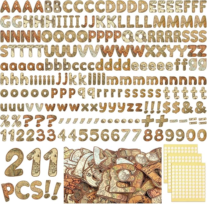 221 Pcs World Map Bulletin Board Letters, Round Alphabet Number Punctuation Symbol Combo Letter Cutouts, Vintage Classroom Decor for School Classroom Chalkboard Poster Bulletin Board Wall