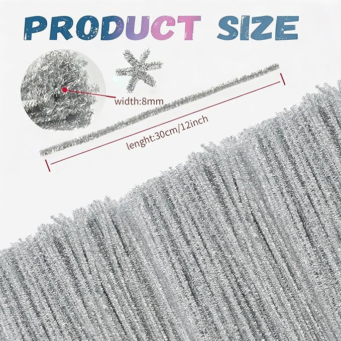 200Pcs Glitter Silver Pipe Cleaners Craft,Sparkly Pipe Cleaners,Art Aupplies Toys for Kids,DIY Craft Supplies for Halloween/Christmas Home Decor,Fidget Toys for Kids,Christmas Crafts for Girls 8-12