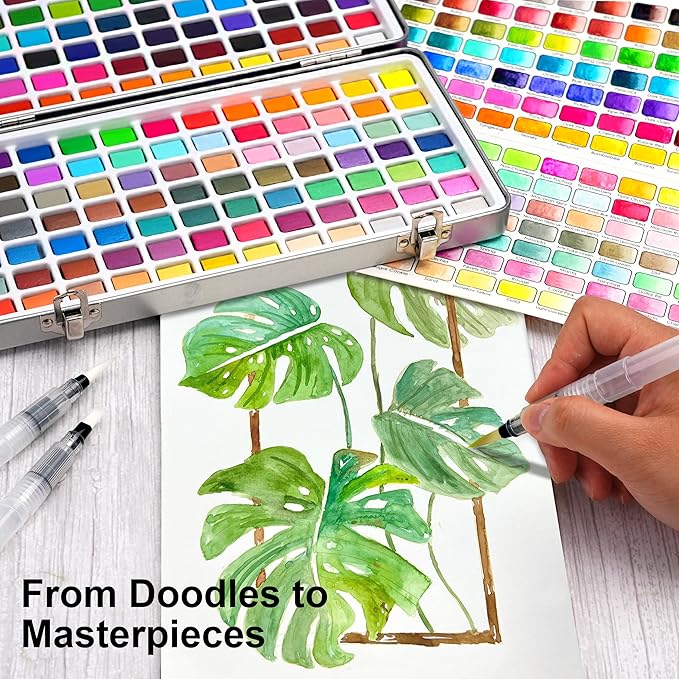 168 Solid Watercolor Paint Set with Brushes and Blank Coloring Book, Archival Art Supplies for Professionals - Christmas, Birthday, Artist Present
