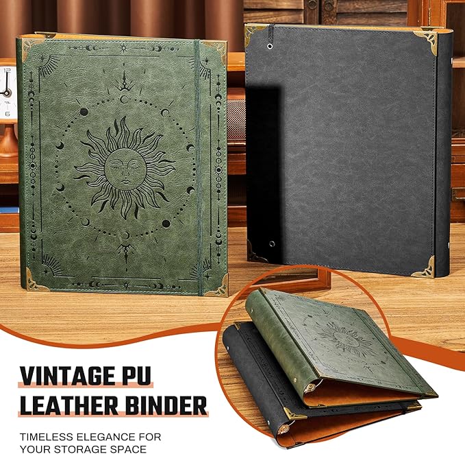 Ovesmusl PU Leather 3 Ring Binder Fits 8.5"x11" Letter Size Paper, 2 Inch Round Ring Binder Holds 500 Sheets, Notepad Paper Cover Loose Leaf Organizer, Black Sun