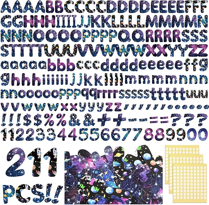 221 Pcs Space Bulletin Board Letters, Round Alphabet Number Punctuation Symbol Combo Letter Cutouts, Galaxy Classroom Decor for School Classroom Chalkboard Poster Bulletin Board Wall