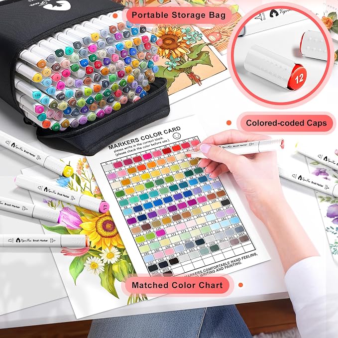 VigorFun Alcohol Markers Brush Tip, 122 Colors Dual Tip Brush & Chisel