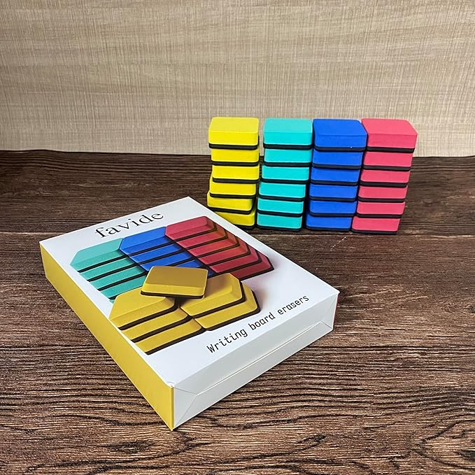 Favide 24 Pack Magnetic Whiteboard Dry Erase Erasers Chalkboard Cleansers for Classroom, Home and Office (Square, 4 Color)