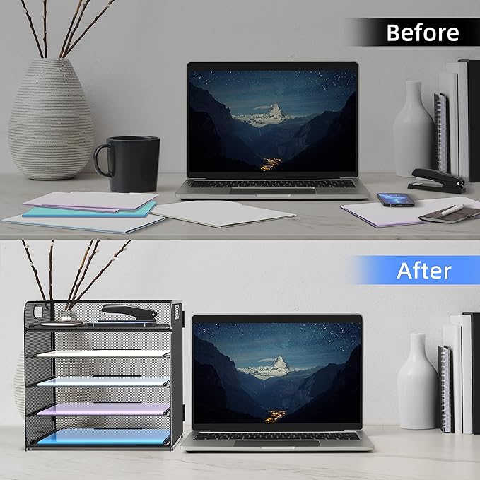 Supeasy 2 Pack 5-Tier Desk Organizer with Handle Mesh Desk File/Paper Organizer Letter Tray for Office, School, Classroom and Home Easy Installation, Black