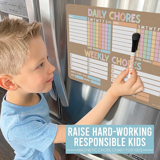Hadley Designs Magnetic Chore Chart for Kids Multiple - Chores Board for Refrigerator, Dry Erase Task Chart for 2 Kids Daily Behavior, Family Weekly Planner for Teens and Adults, Kraft Chore Board