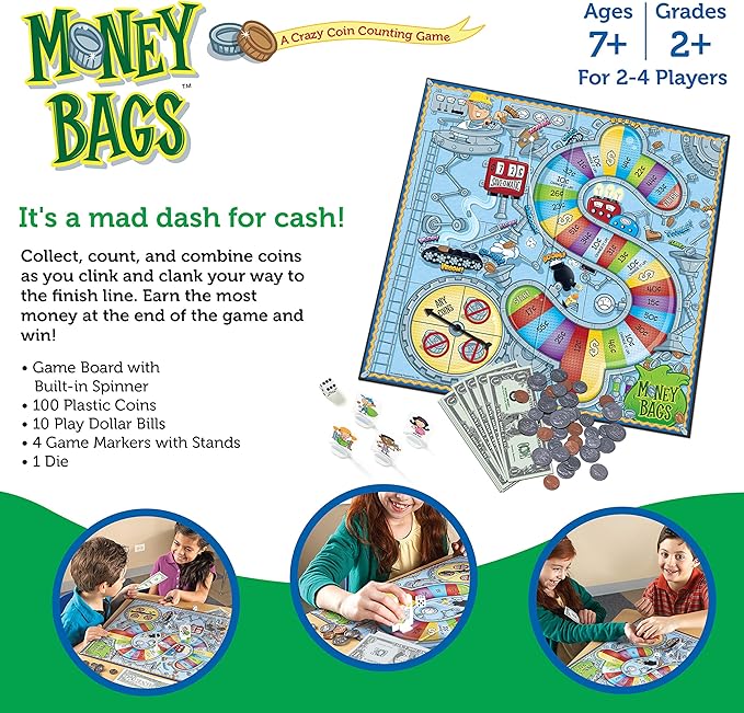 Learning Resources Money Bags Coin Value Game - Classroom Math Games, Financial Literacy for Kids, Play Coins for Kids, Counting Games, Money Board Game