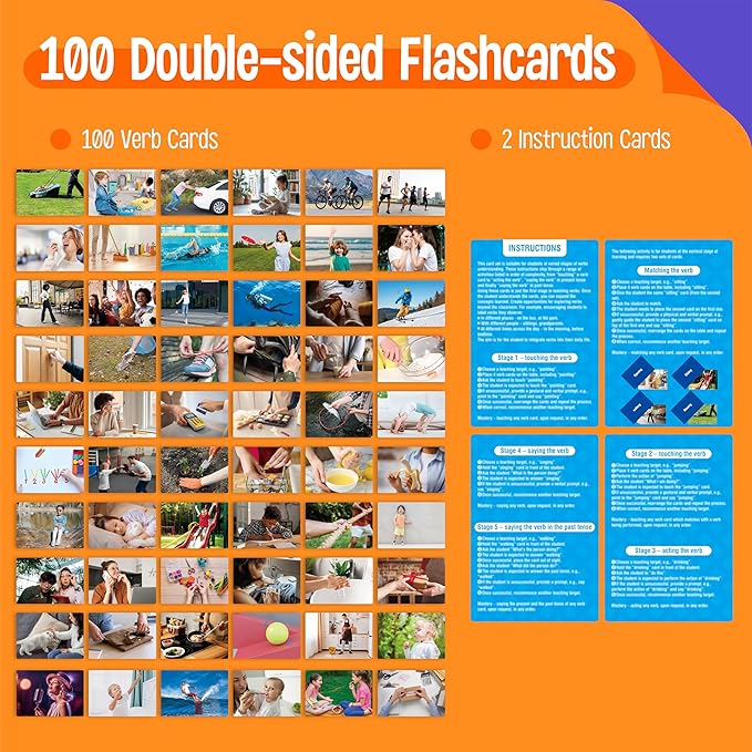 100 Verb Flashcards, Picture & Word Cards Action Language Builder Visual Aid Language Learning Tool for Autism, ESL Teaching Materials for Adults, Non-Verbal Children Vocabulary Builder for Kids