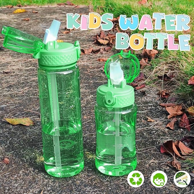 OLDLEY 12oz Kids Water Bottle, Tritan BPA-Free, Leakproof Flip Straw Lid, Motivational Time Marker, Carry Strap, Reusable Clear Water Bottle for Boys & Girls,Pear