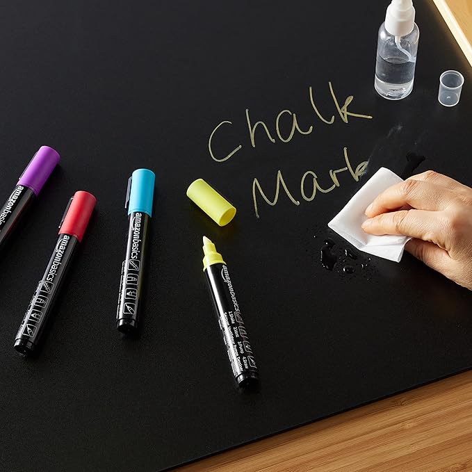 Amazon Basics Bullet/Chisel Reversible Tip Liquid Chalk Markers, Erasable, Washable, Water-Based, Bold Point, 8-Pack, Bright Colors