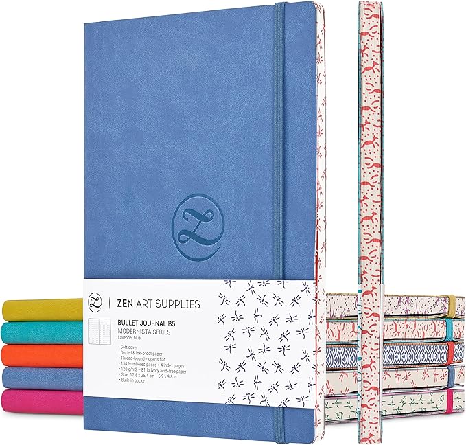 Large B5 Bullet Dotted Journal 120gsm - Premium Lay Flat Soft Cover Dot Grid Notebook - 7x10 In, 160 Pages, 2 Bookmarks, Faux Leather, Water & Scratch Resistant, Pocket, Japanese Edge Blue Dot Journal