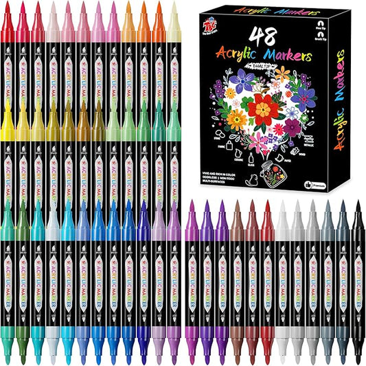 TBC The Best Crafts Acrylic Paint Markers, 48 Colors Dual Tip – Waterproof, Non-Toxic, Fast-Drying Art Pens for Rock Painting, Wood, Glass, Ceramic, Fabric