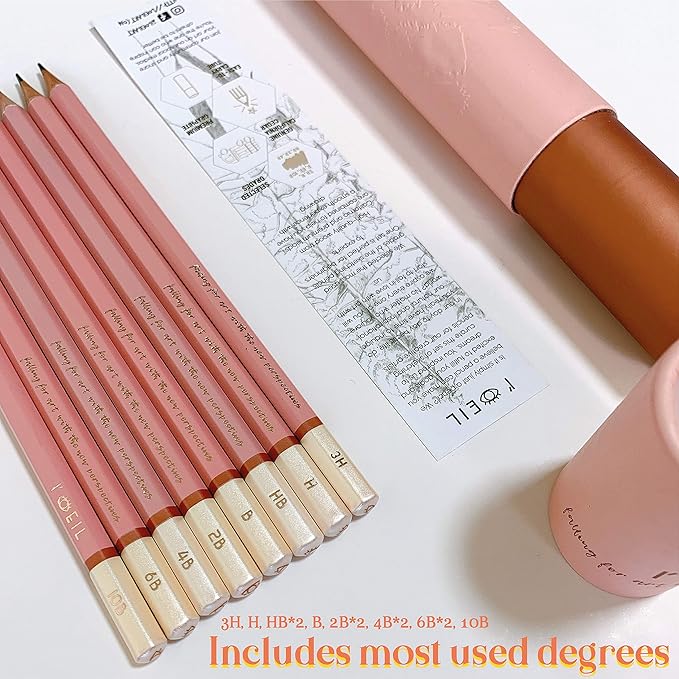 L'oeil Professional Soft Graphite Sketching Pencils Set of 12 (Selected 3H-10B) in Incense Cedar Wood for Pencil Drawing, Sketching, Shading for Beginners & Pros (Pink)