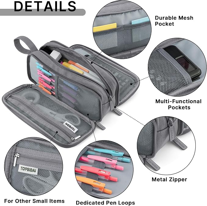 TOPBIDAI Large Pencil Case Pouch for Girls Boy Women Men Adults | Big Capacity Canvas Pencil Bag, Office School Supplies, Multi Compartment Zipper Stationery Pen Box(Stone Grey)