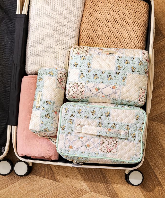 HBselect Quilted Makeup Bag, 3Pcs Cotton Large Travel Makeup Bags Organizer | Cute Floral Make up Bag Cosmetic Bag Toiletry Bag for Women Girls, Makeup Pouch for Skincare, Brushes & Travel Essentials
