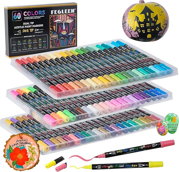 60 Colors Acrylic Paint Markers,Dual Tip Acrylic paint Pens Contain 12 Metallic Colors 6 Glitter and 6 Neon Markers for Rock Painting,Egg,Wood,Glass,Canvas,Ceramic,Crafts,Art Supplies