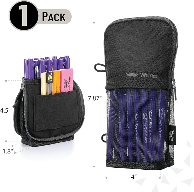 Mr. Pen- Standing Pencil Case Pouch, Sit & Lay Mesh-View Design, Black with Gray Zipper, Interior Pocket & 2 Elastic Binder Loops, Cute Pencil Case for Girls and Boys